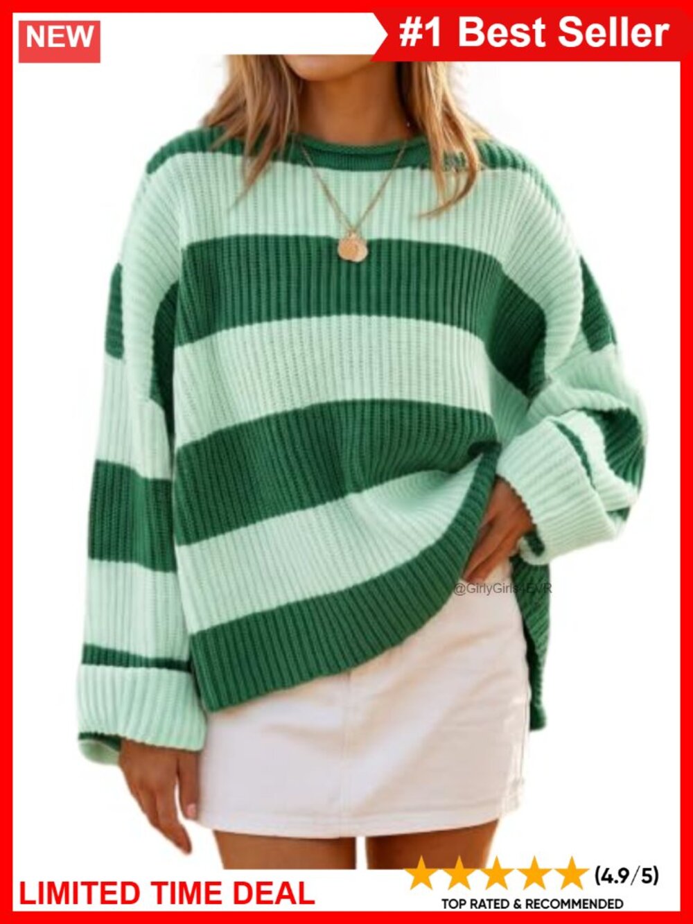 Oversized Striped Sweater Drop Shoulder Crew Neck Long Sleeve Pullover
